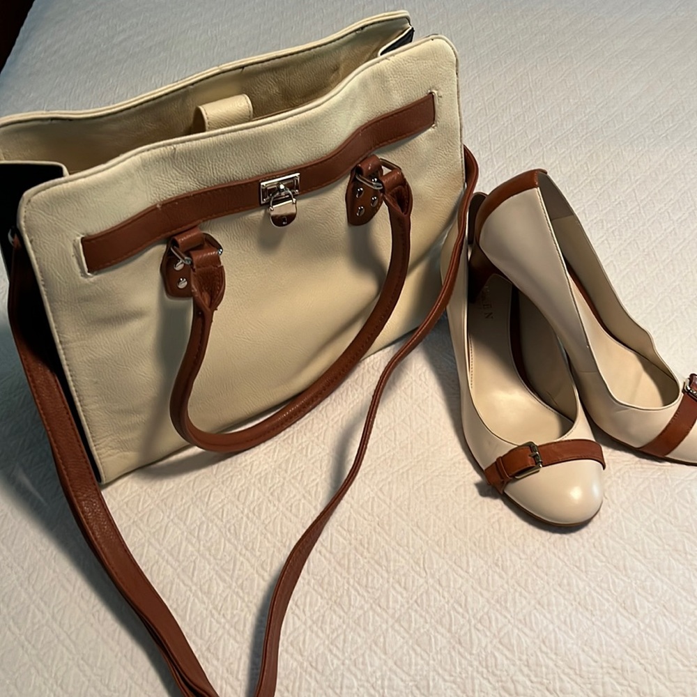Ralph Lauren Cream and Brown Leather Pumps with Matching Tote